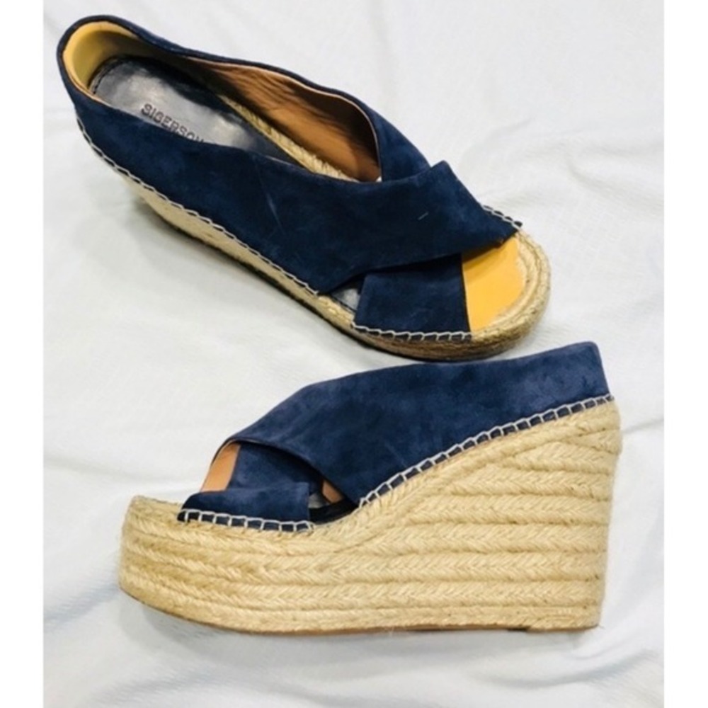 Sigerson Morrison Aitfa Navy Suede Espadrille Platform Wedge Sandals